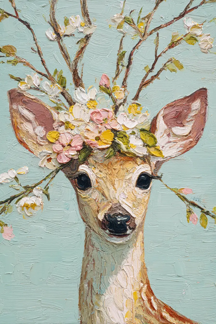 Young deer in a floral hat oil painting portrait