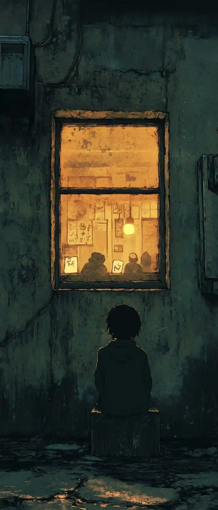 Lonely girl in cold city street beside glowing family window