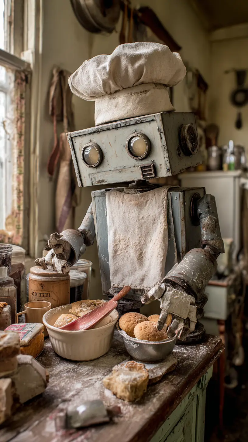 Cute flour covered robot chef in old rustic kitchen