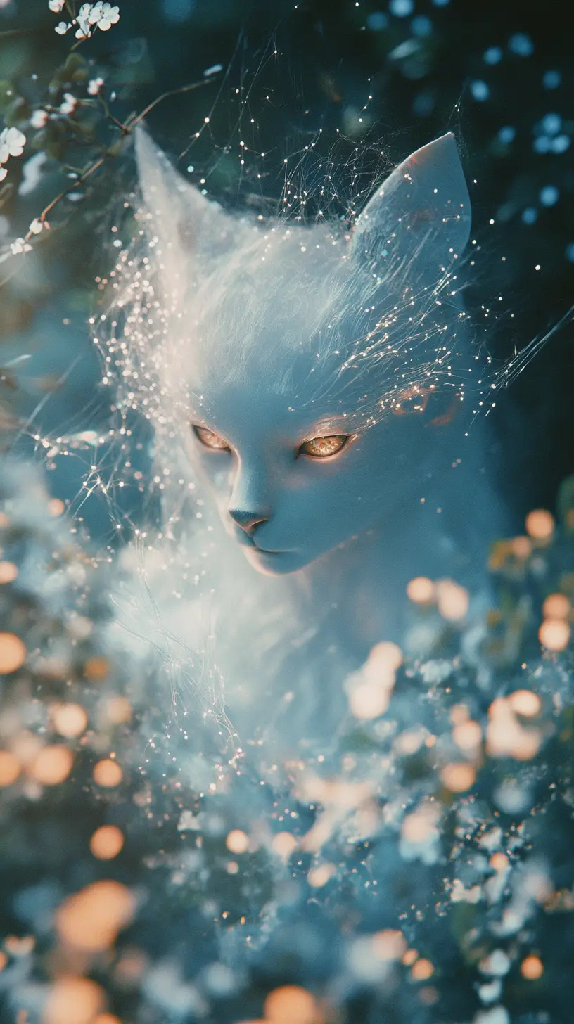 Ghostly cat violinist dancing in an enchanted garden