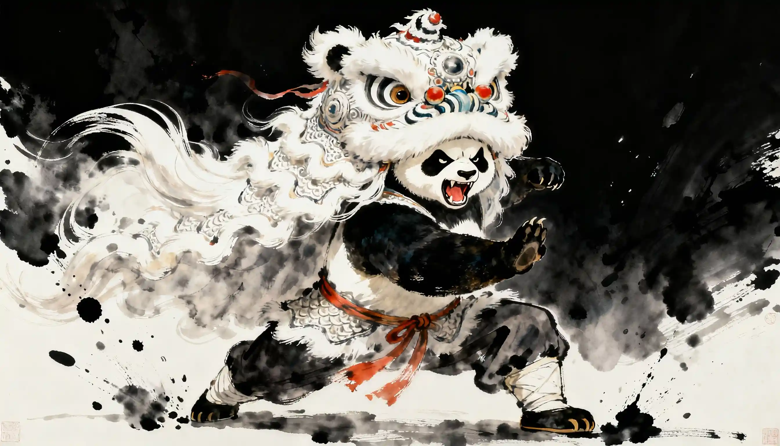 Panda d’arts martiaux féroce en costume de danse du lion