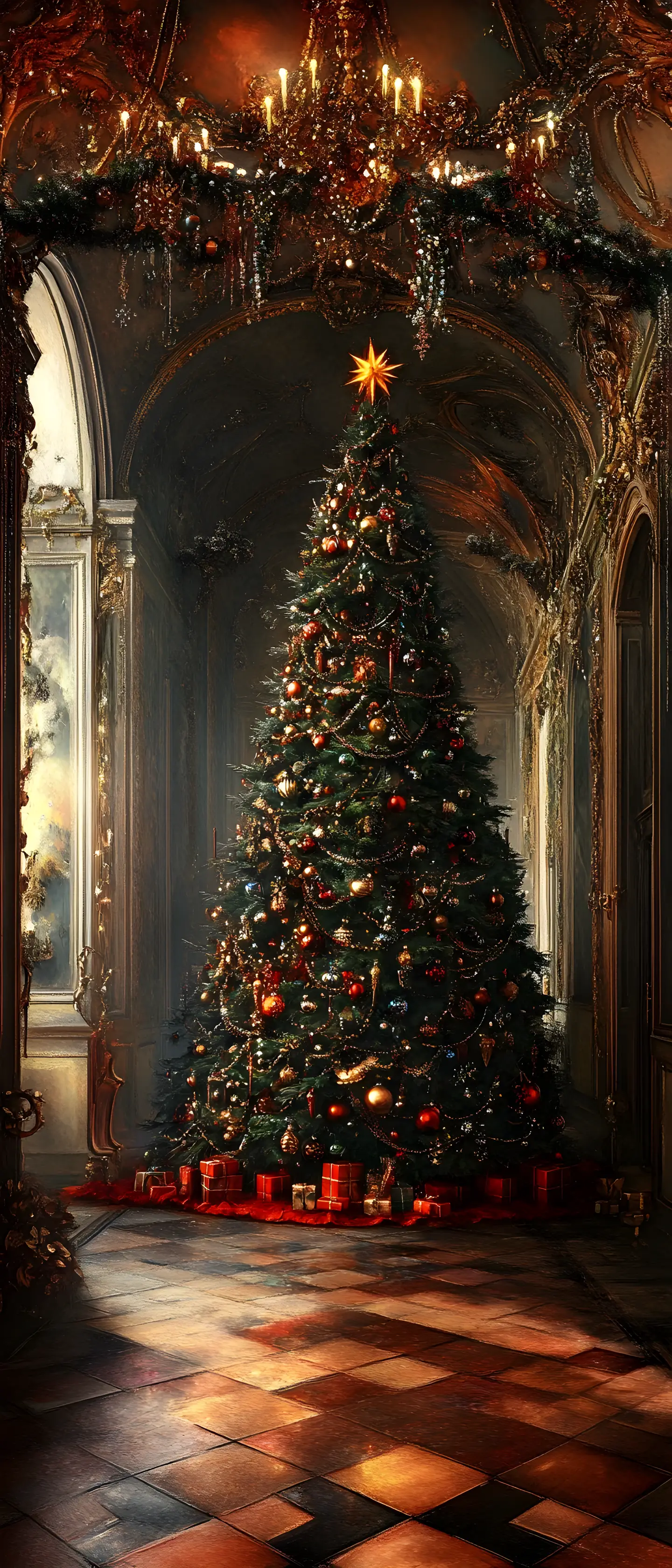 Giant Christmas tree in a lavish decorated hallway