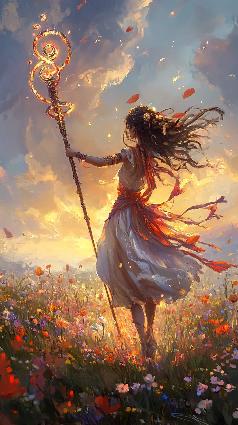 Anime girl performing a ritual dance in flower field