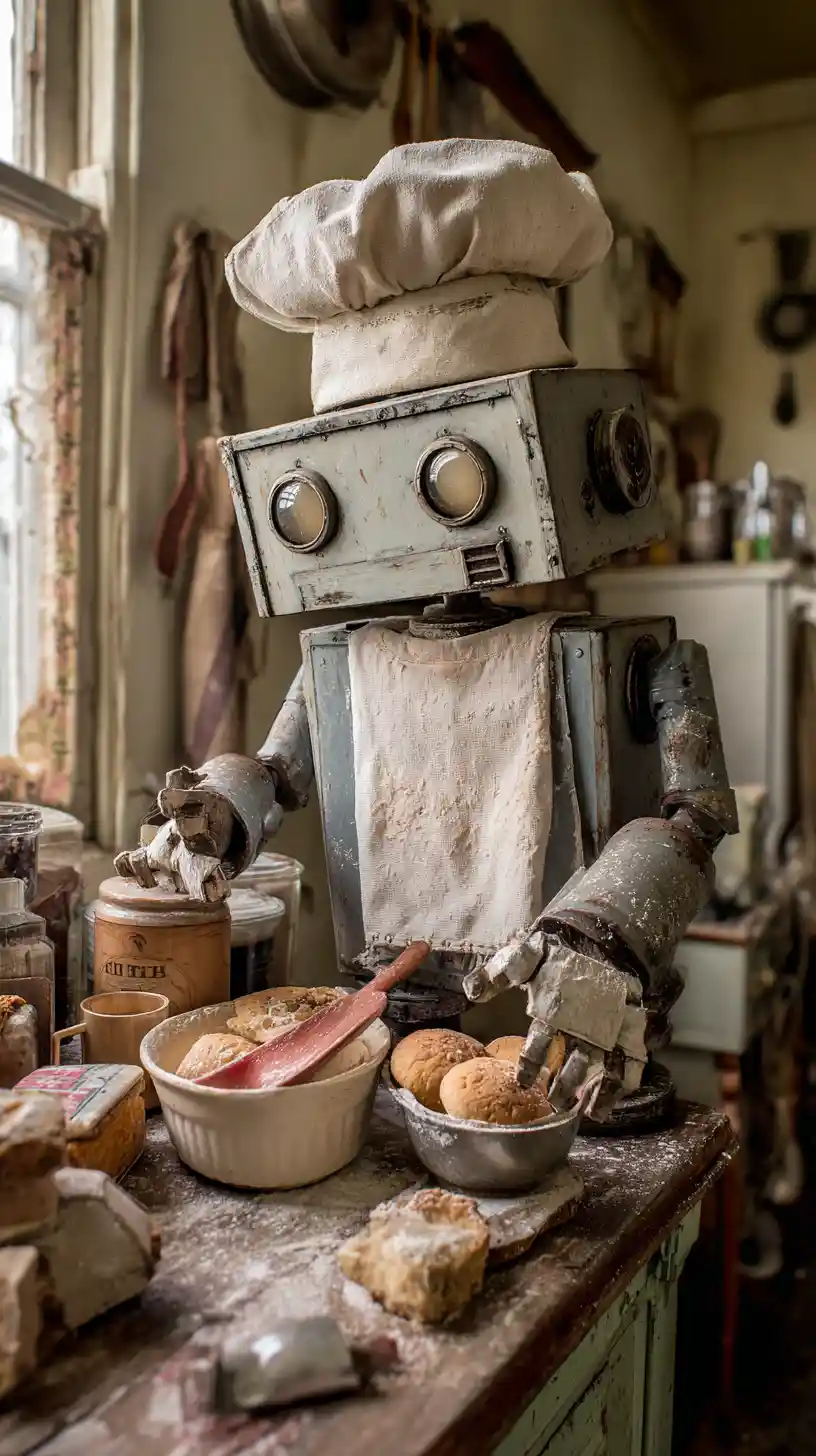 Cute flour covered robot chef in old rustic kitchen