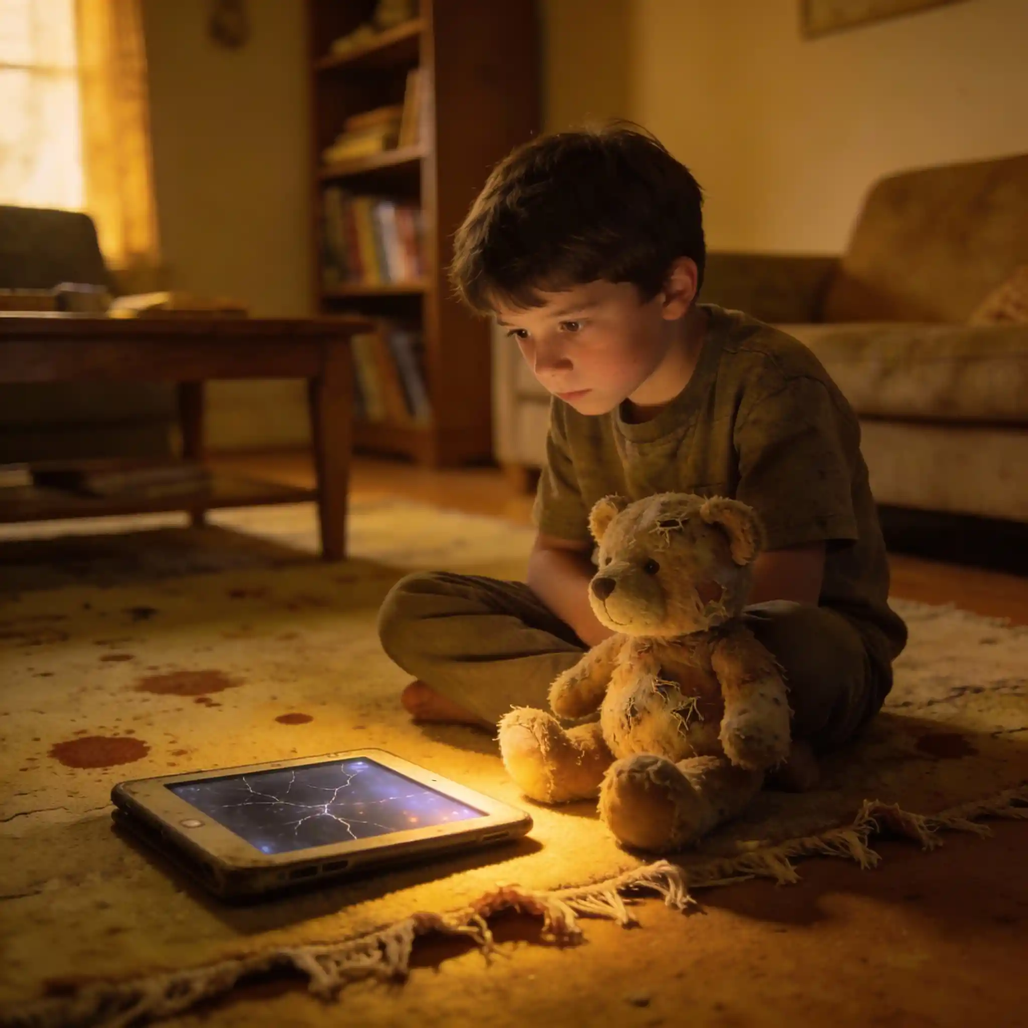 Young boy with teddy bear and tablet on living room floor