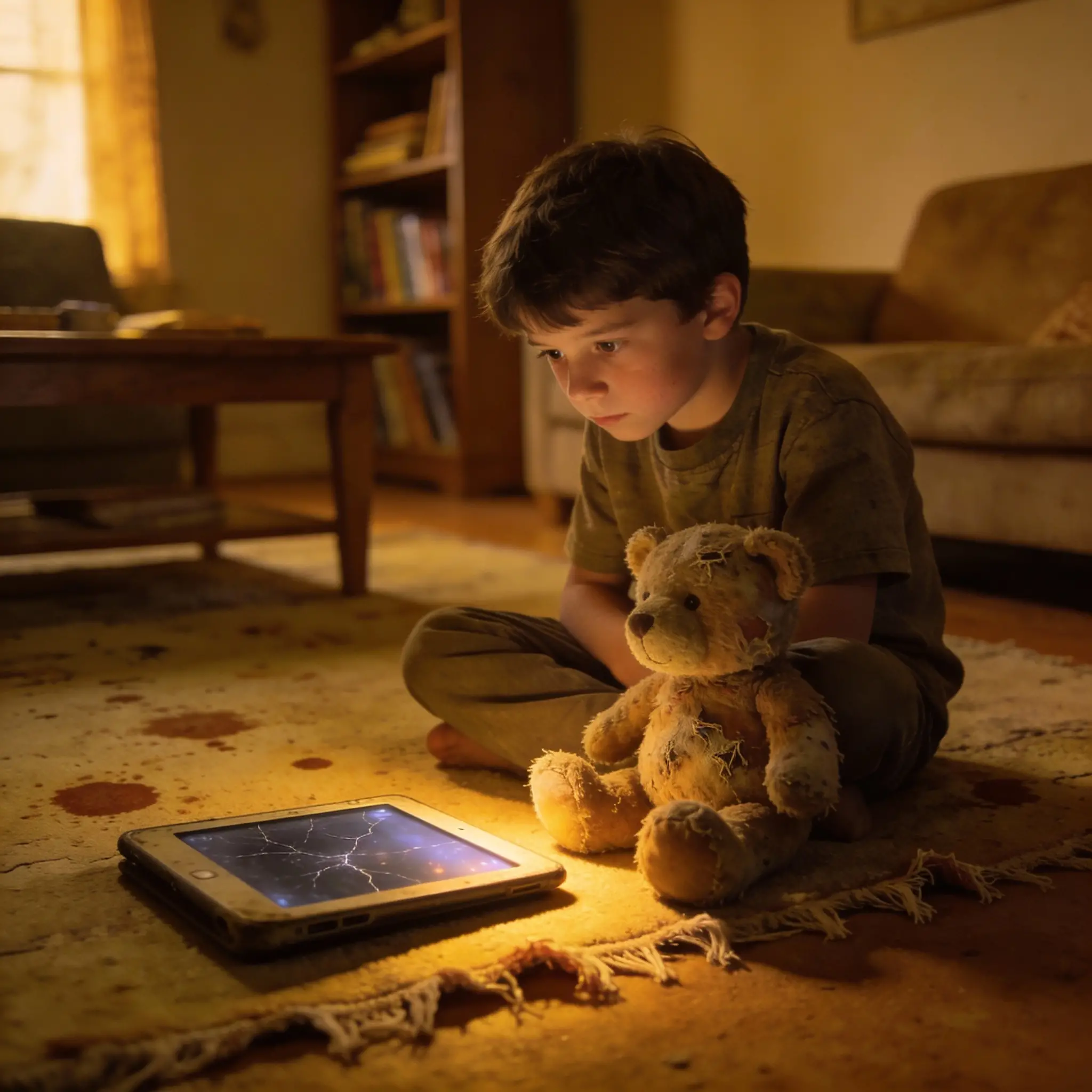 Young boy with teddy bear and tablet on living room floor