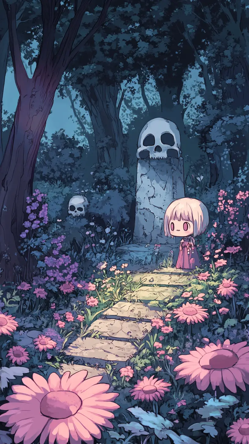 Chibi creature in an enchanted blue flower garden illustration