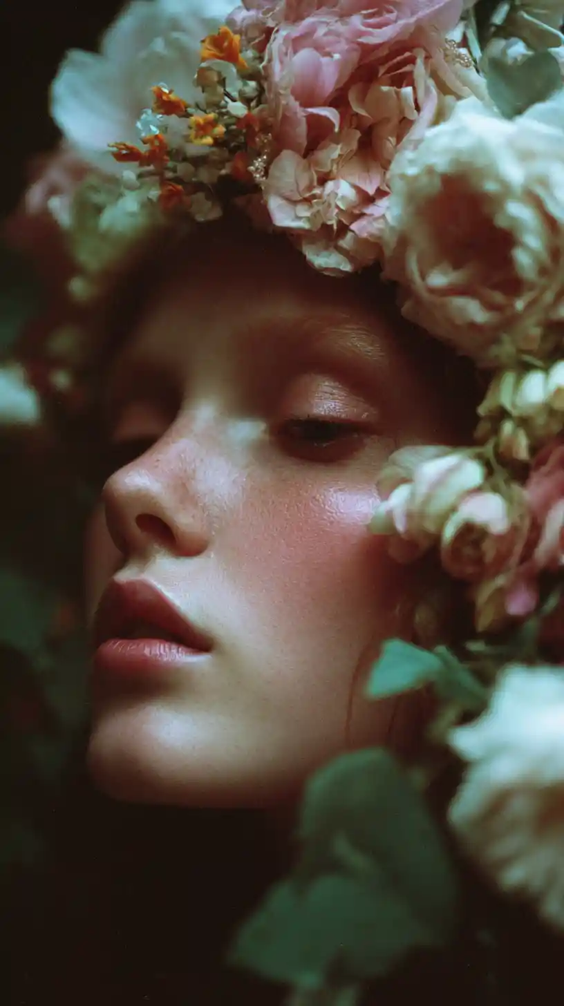 Modelo de alta-costura onírica com coroa de flores em estúdio verde