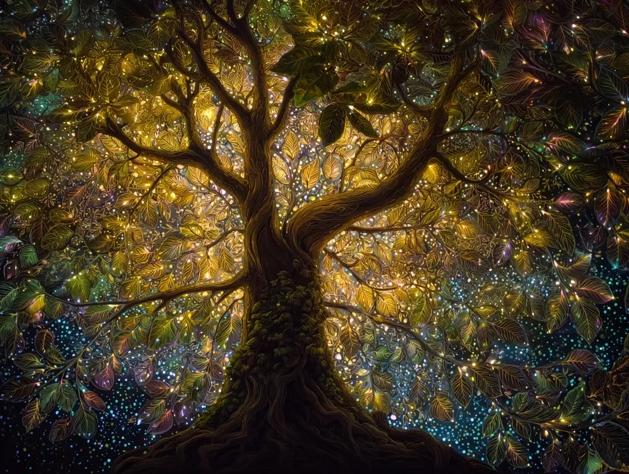 Majestic tree rising beneath a radiant starry night sky