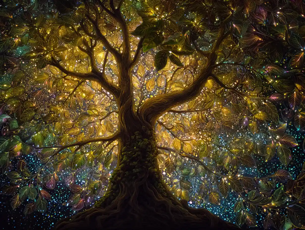 Majestic tree rising beneath a radiant starry night sky