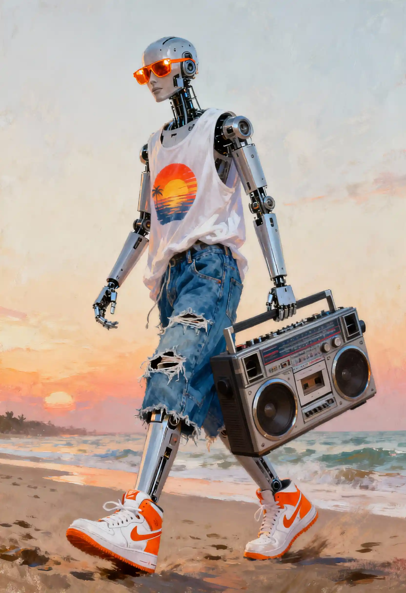 Gritty humanoid robot with boombox walking to the beach