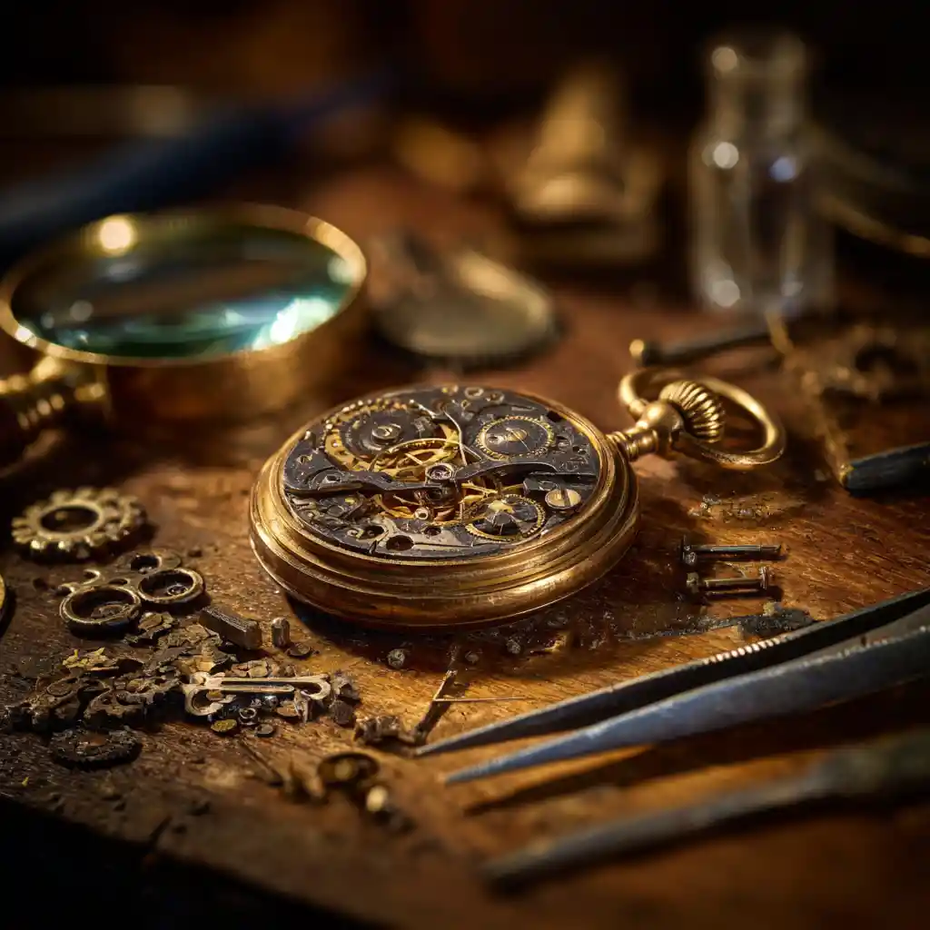 Montre de poche vintage sur établi en bois encombré