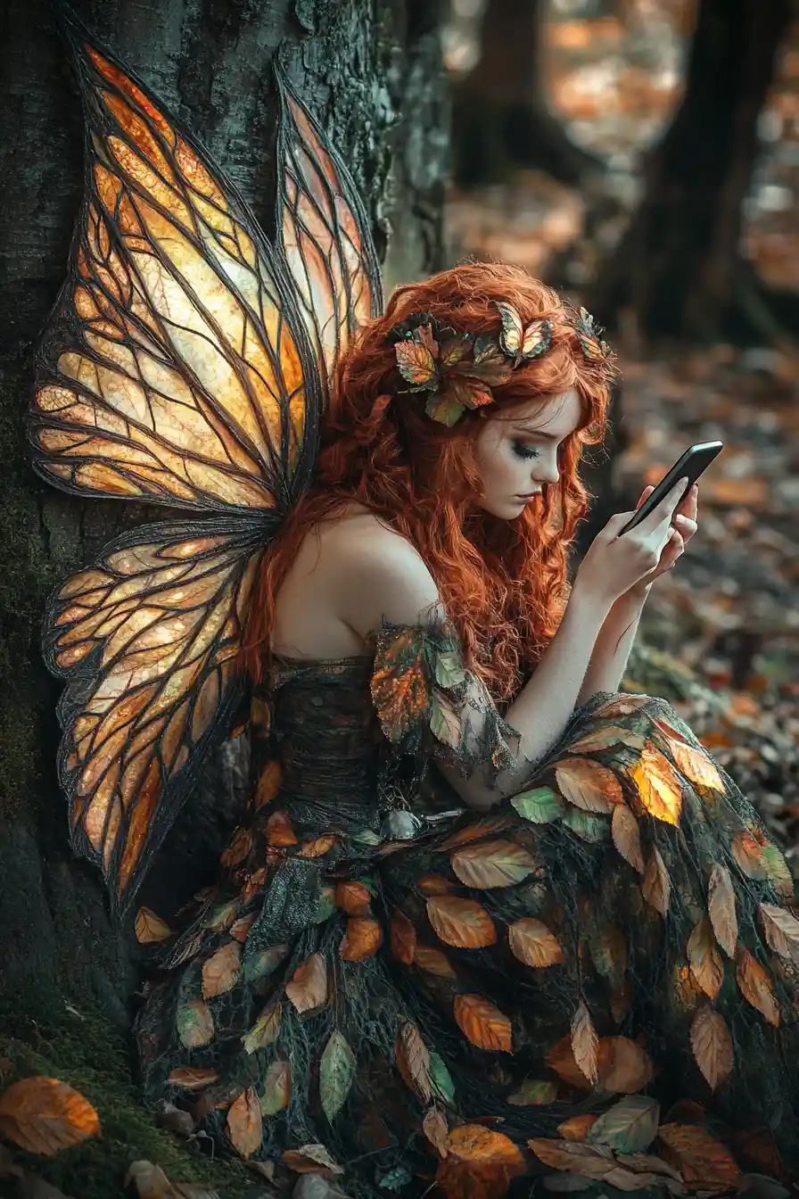 Boho fairy with stained glass wings in autumn forest