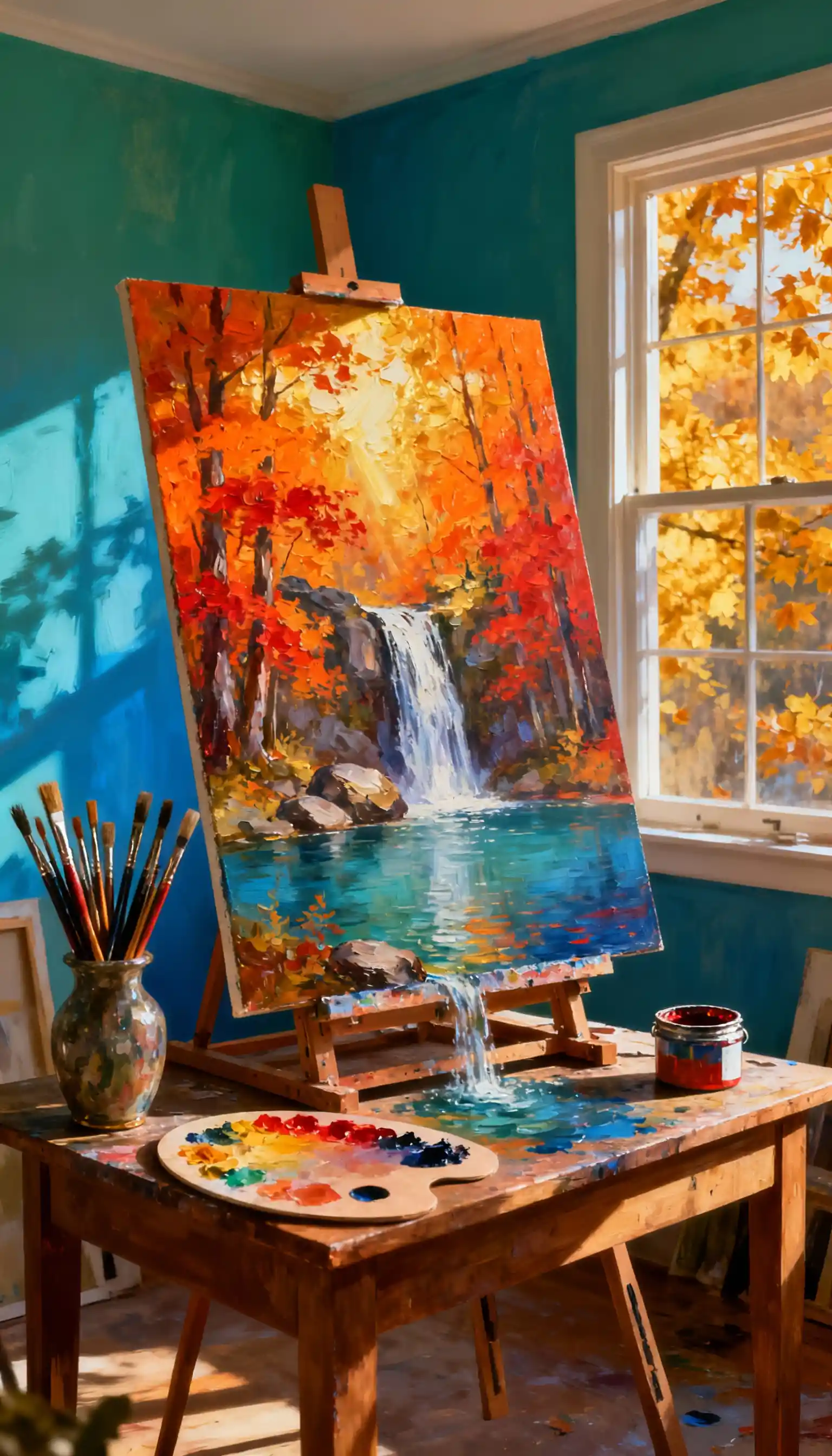 Oil Painting Of Autumn Forest Waterfall In Art Studio