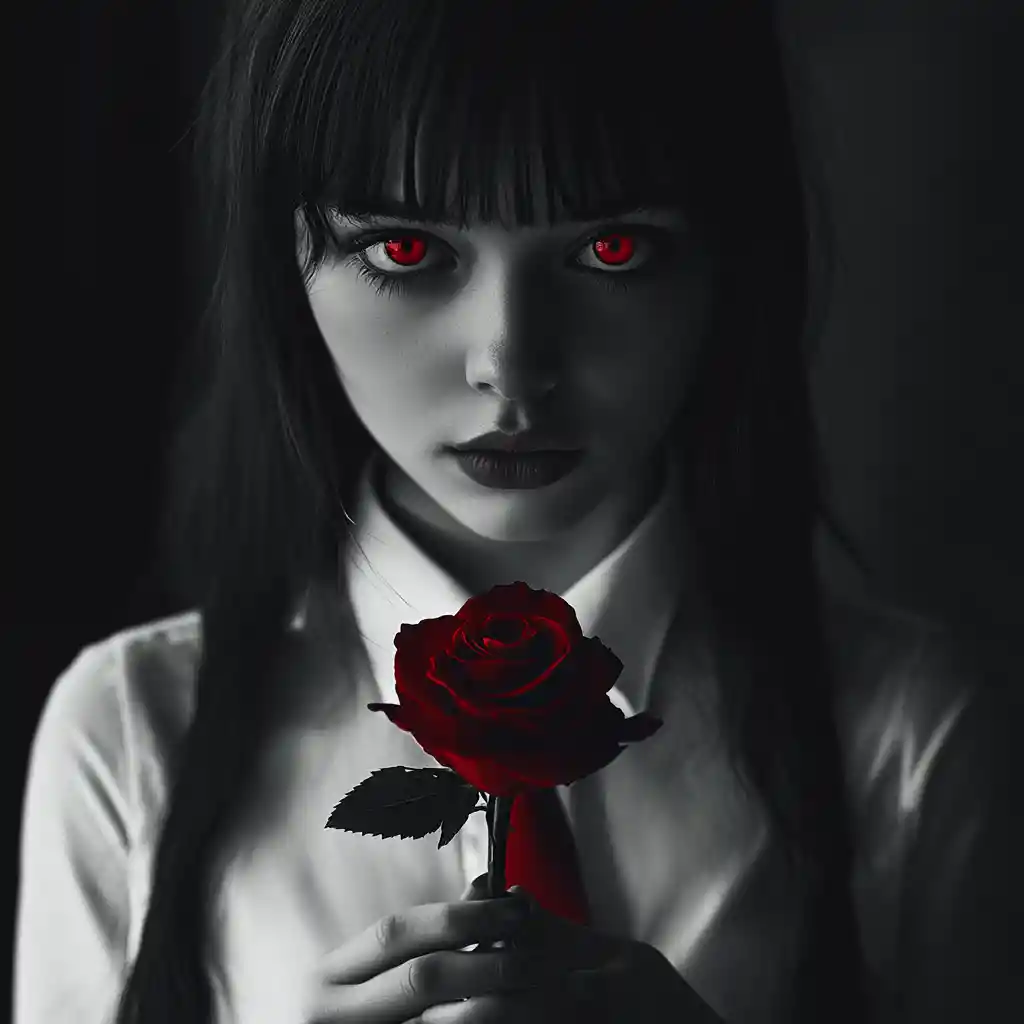 Young woman in black and white with red rose