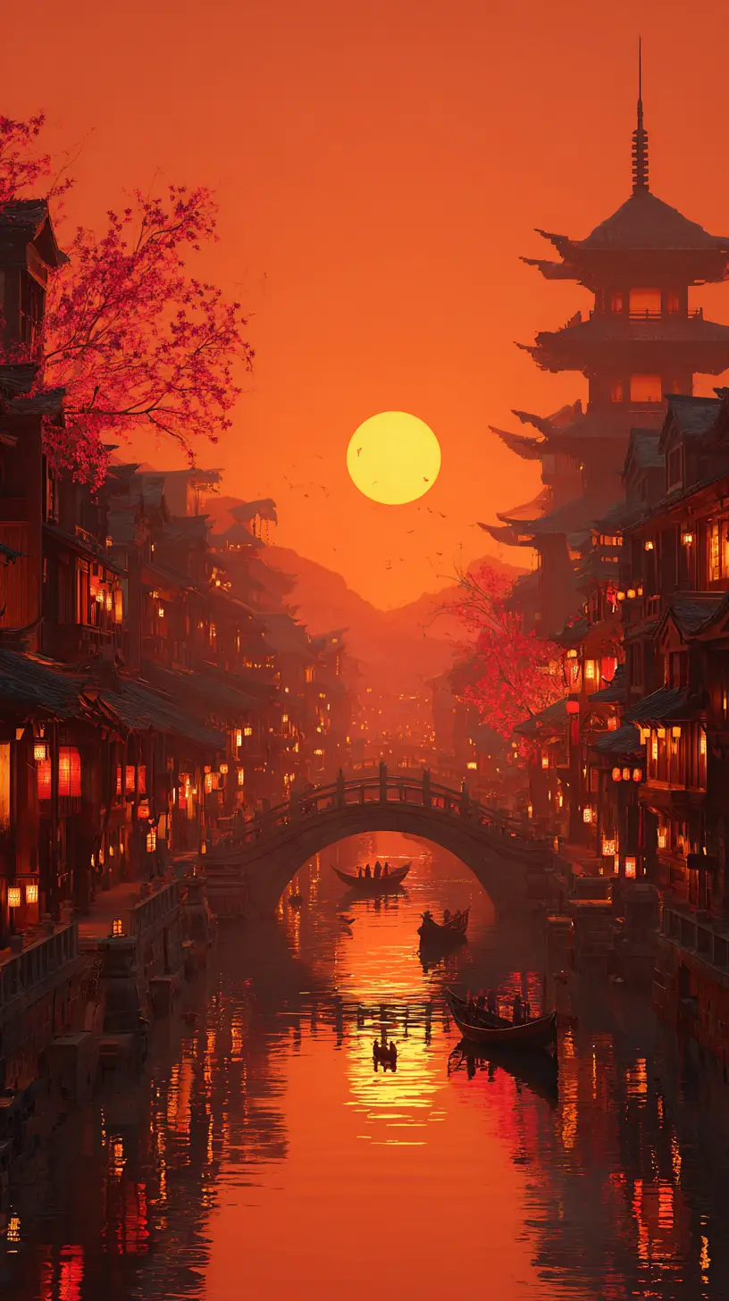 Ancient canal town at sunset with glowing pagoda