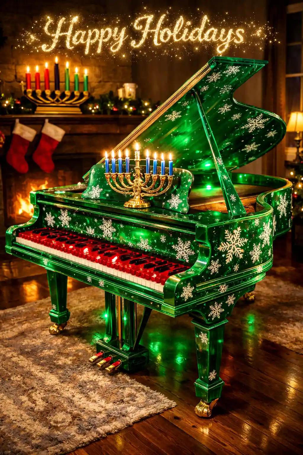 Emerald grand piano with ruby keys in holiday living room