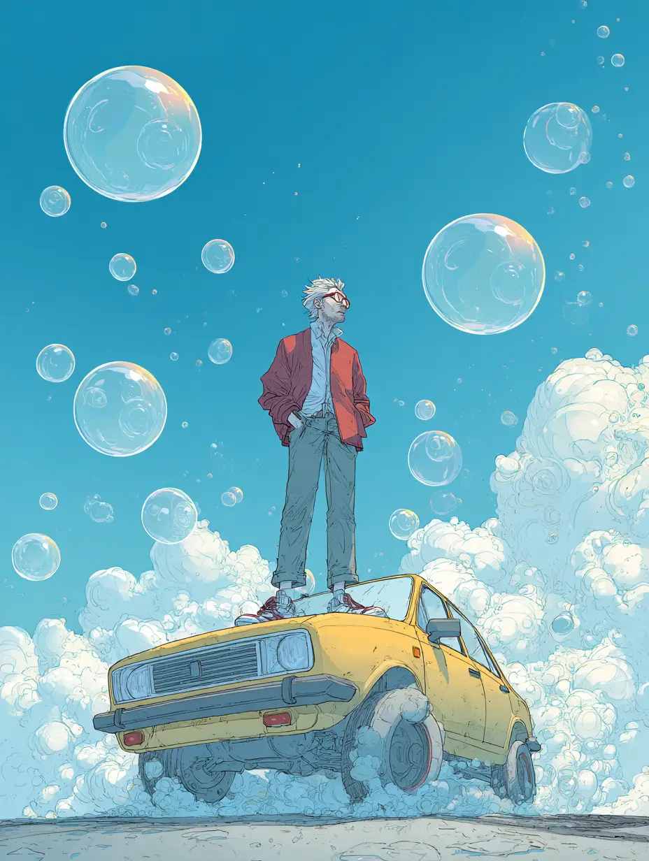 Cartoon man standing on a car in bold graphic style