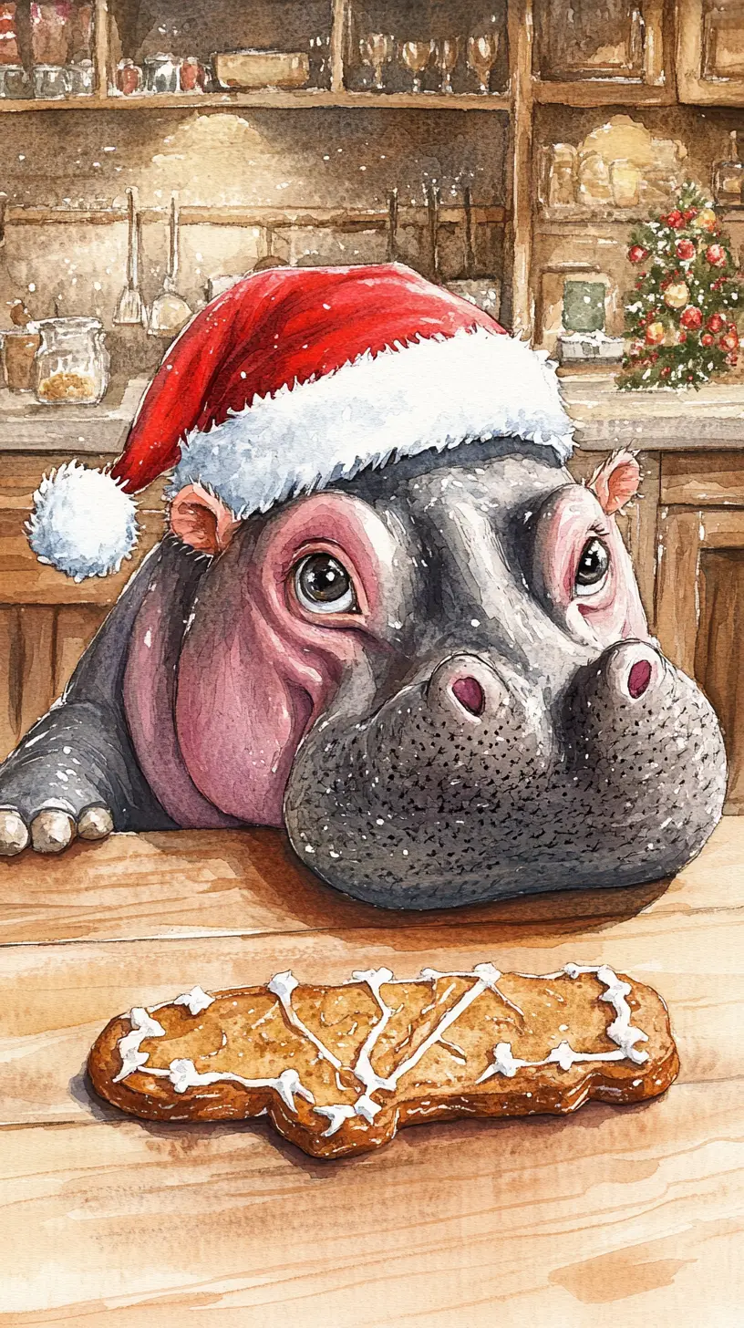 Cute hippopotamus in santa hat eyeing gingerbread cookie