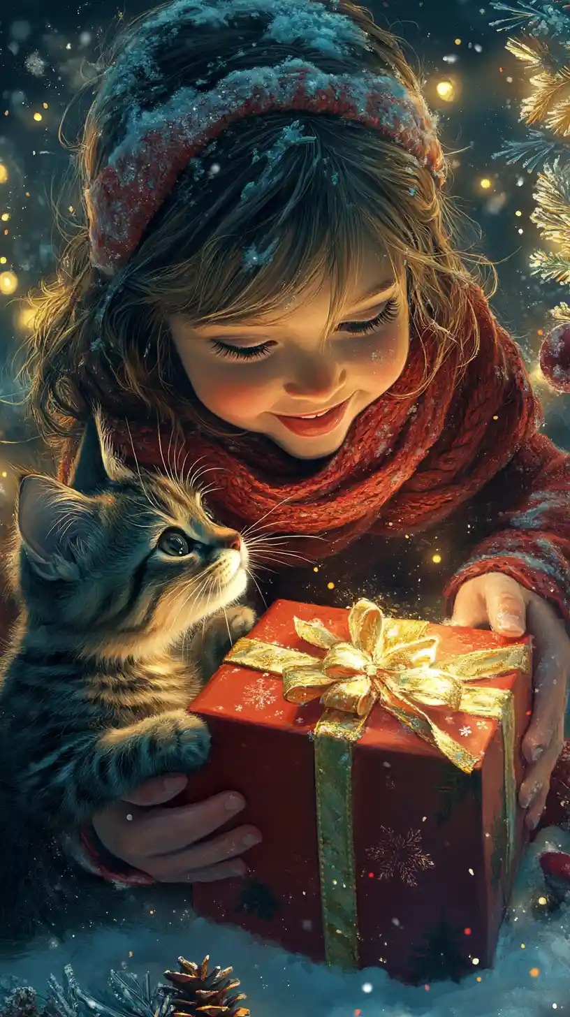Cute girl opening Christmas gifts with her cat