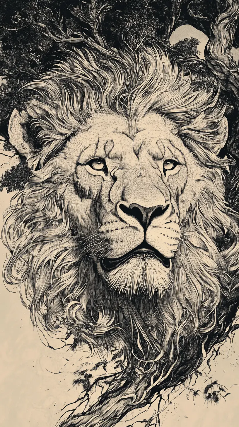 Intricate line art portrait of a powerful lion