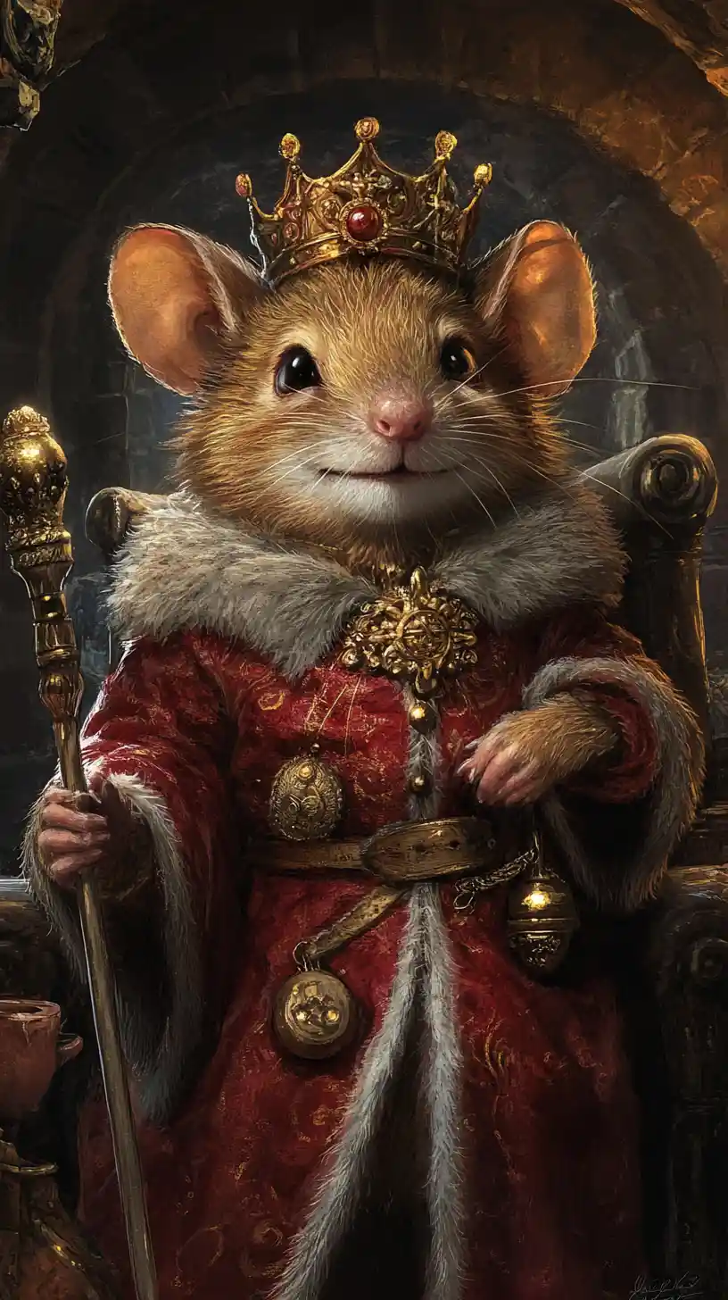 Mouse king on a throne in an old cellar