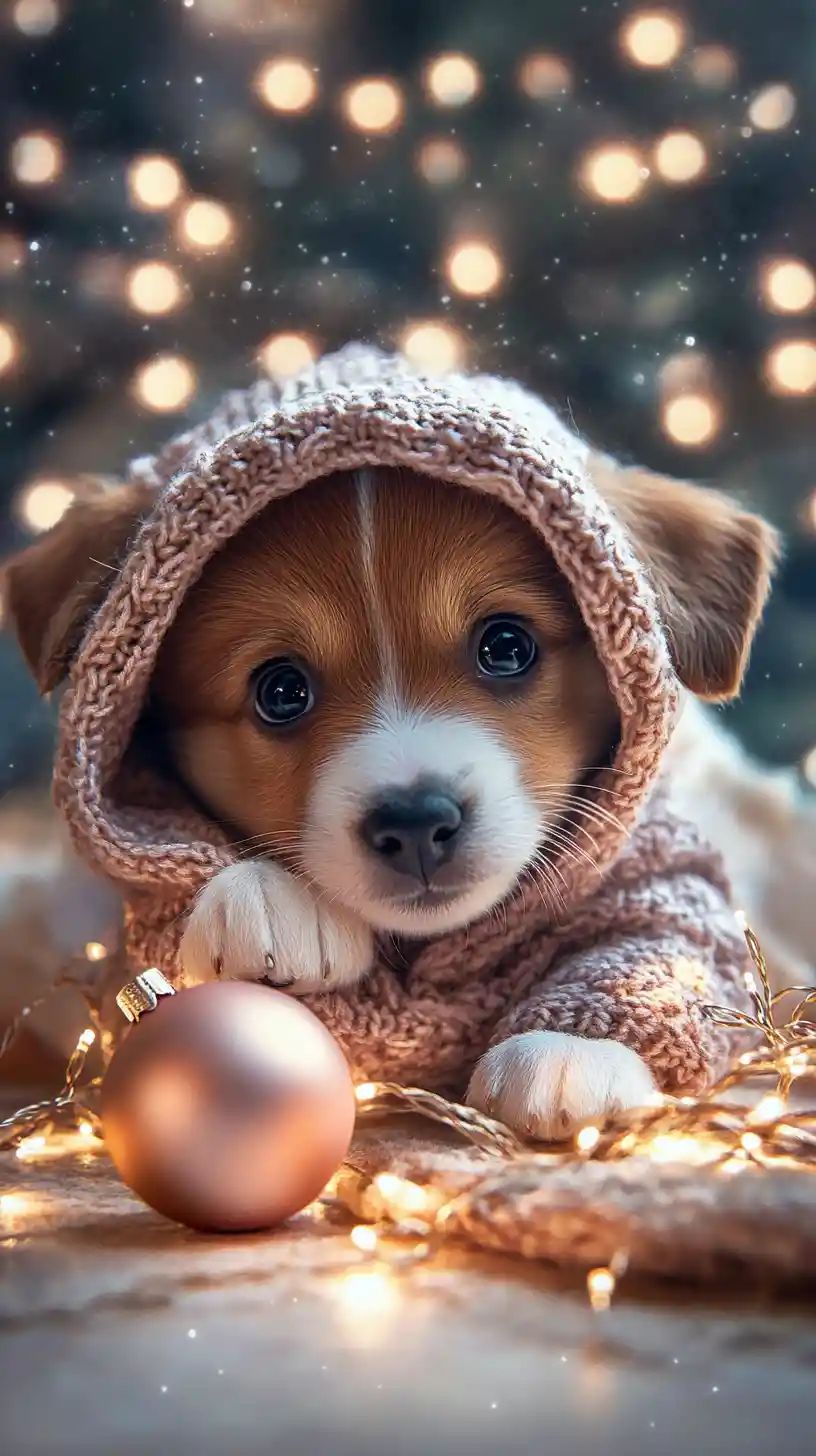 Cucciolo carino che gioca con luci e decorazioni di Natale
