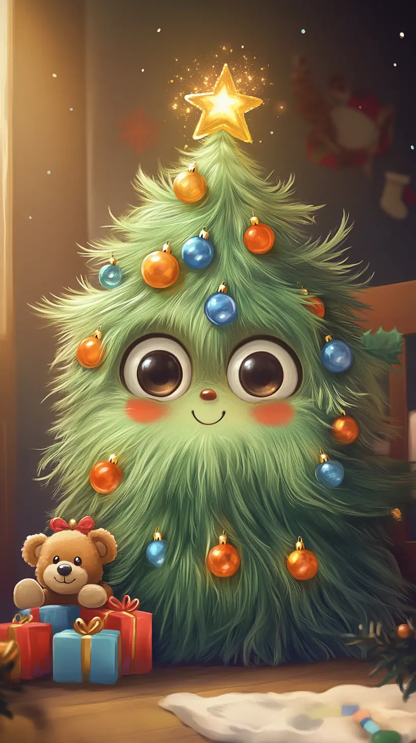 Dolce creatura albero di Natale in una cameretta accogliente – Illustrazione