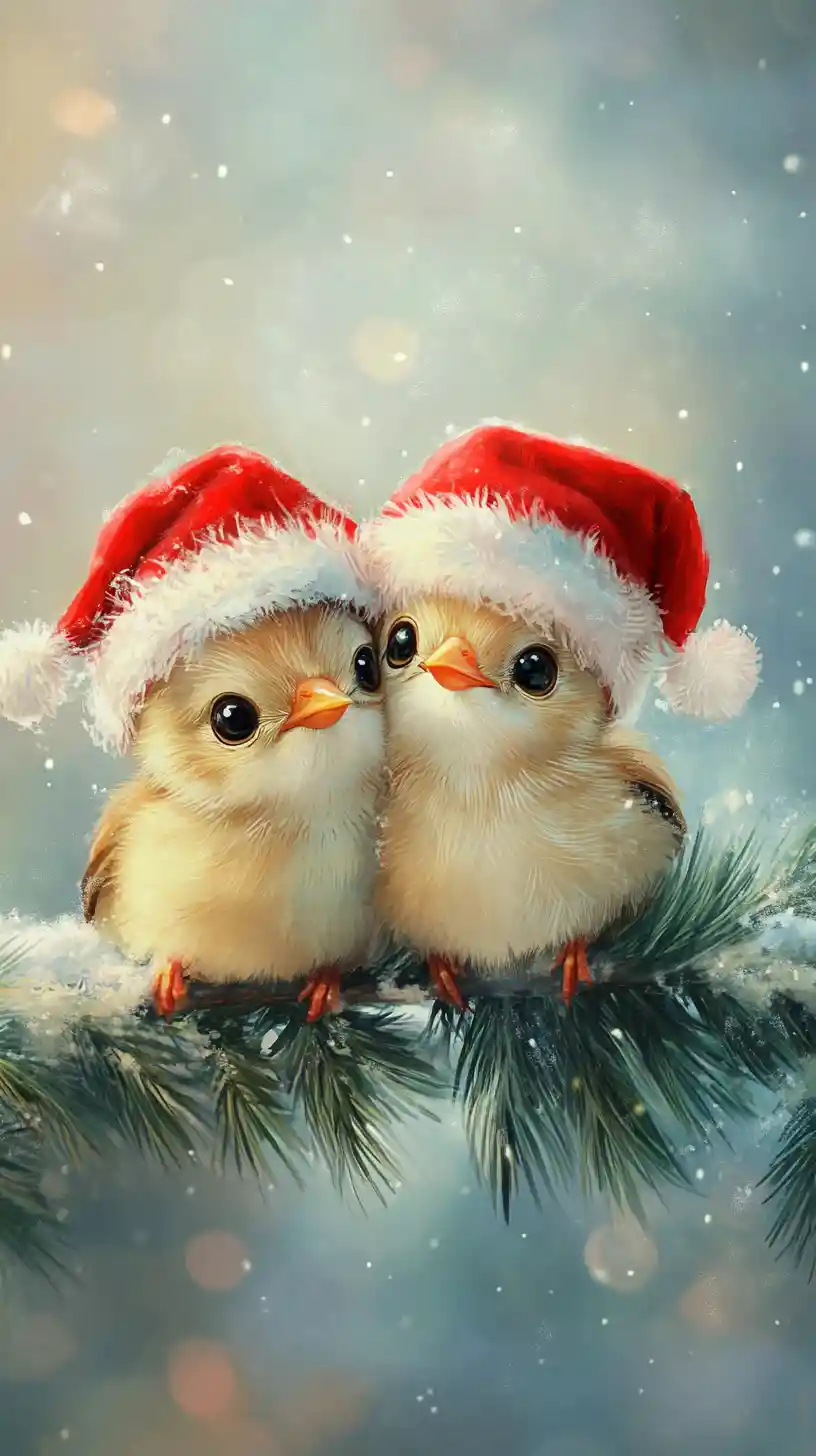 Cute baby birds in santa hats on snowy pine branch