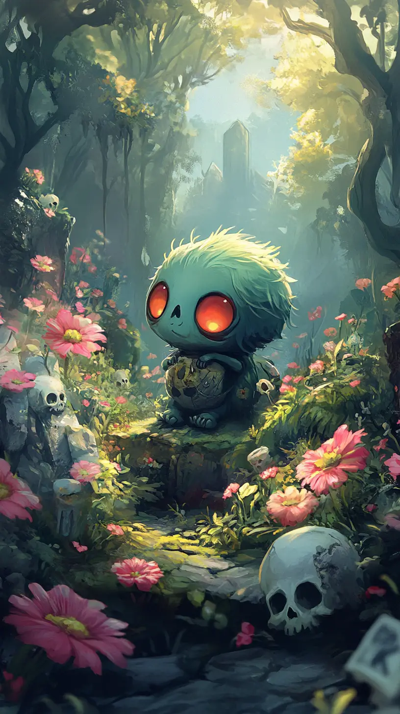 Whimsical chibi creature in an enchanted blue flower garden