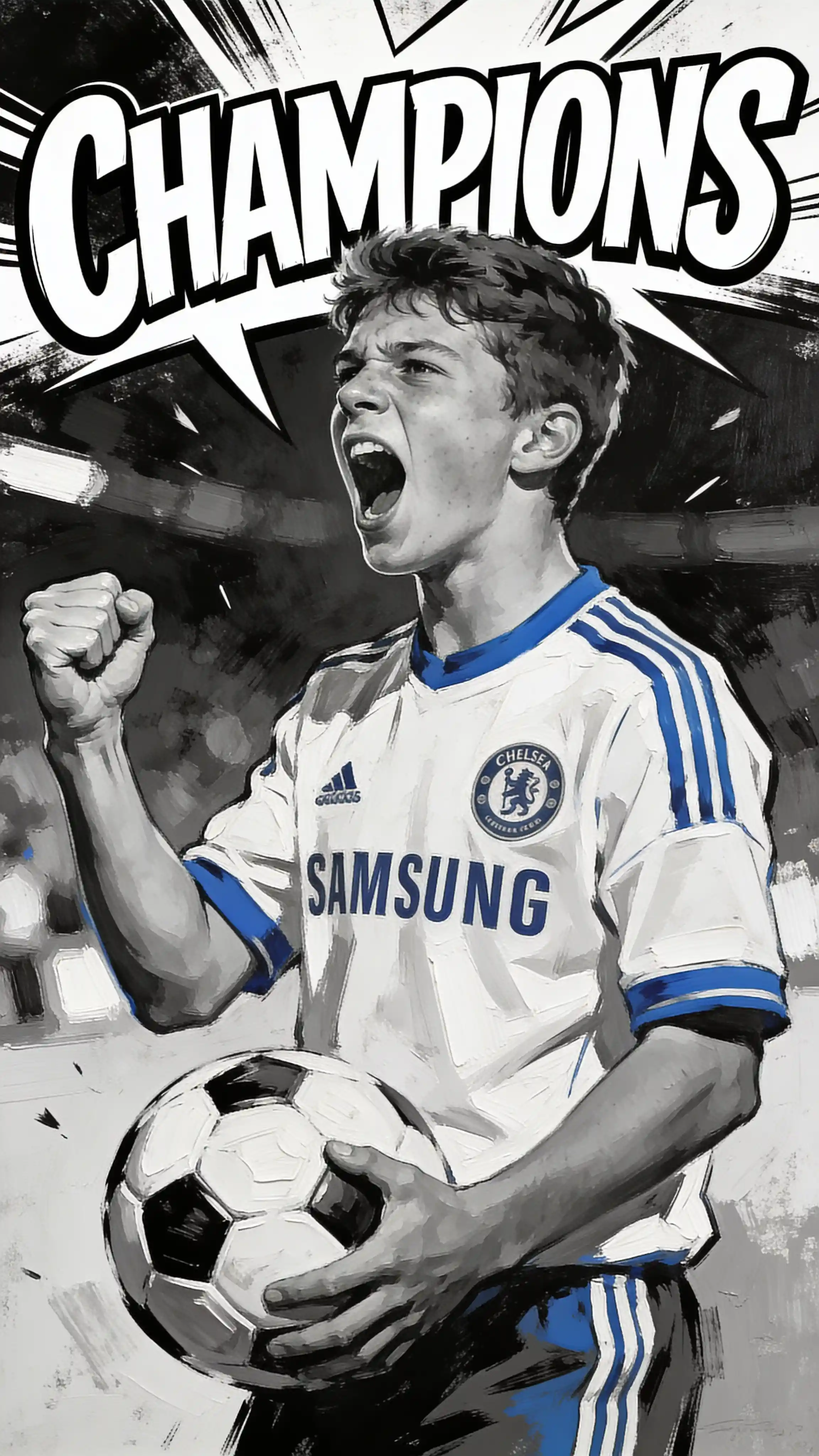Teen soccer champion shouting with ball in oil painting