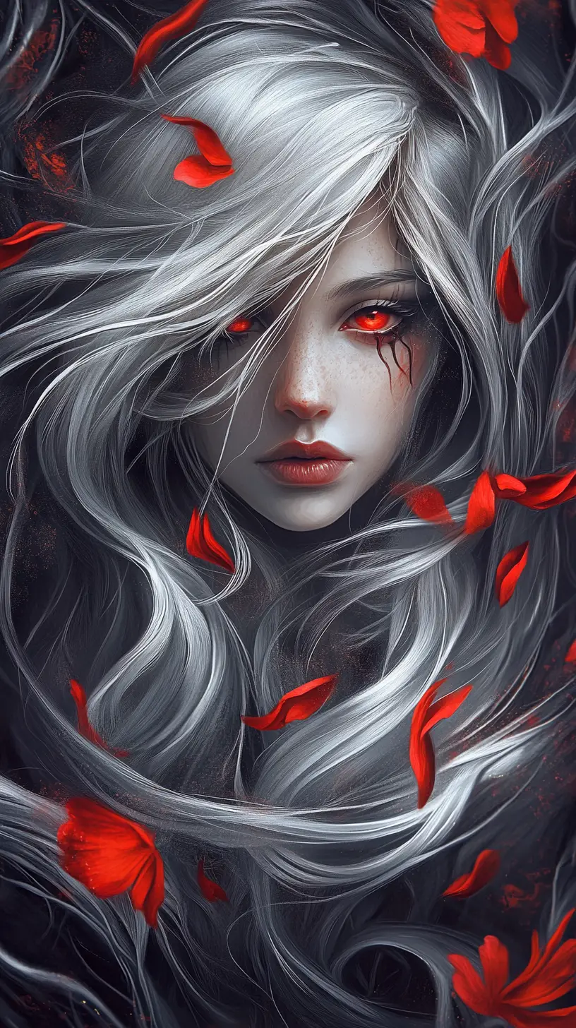 Silver haired woman surrounded by dark swirling energy