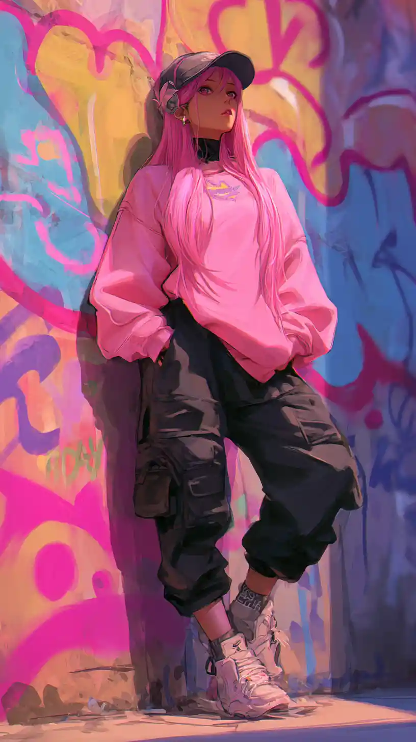 Confident anime girl in pink street fashion against graffiti