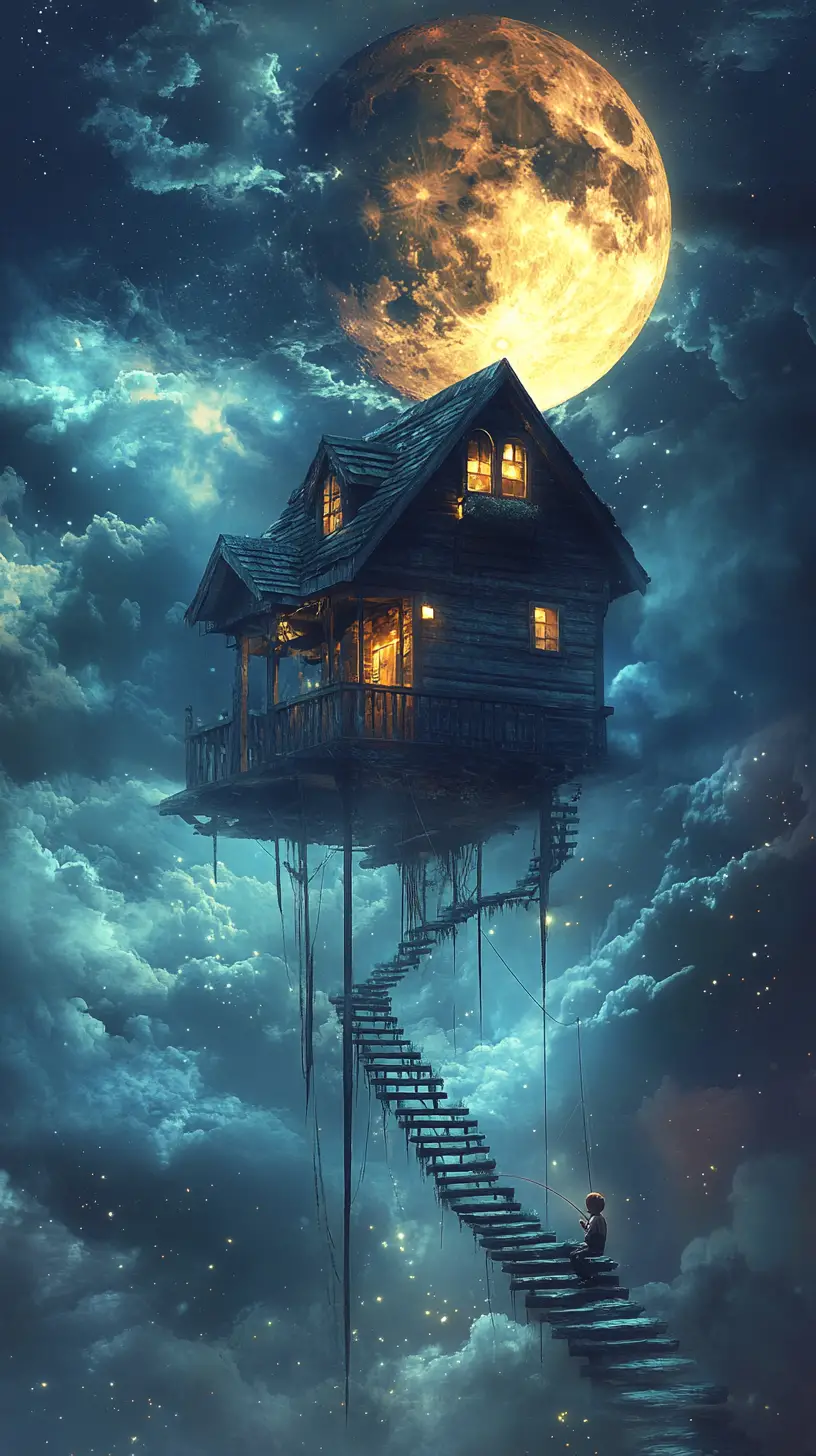 Floating chalet house with boy fishing in dreamy night sky