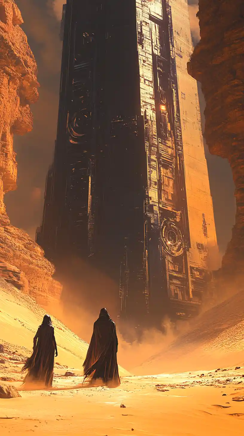 Two travelers crossing desert toward distant alien ruins