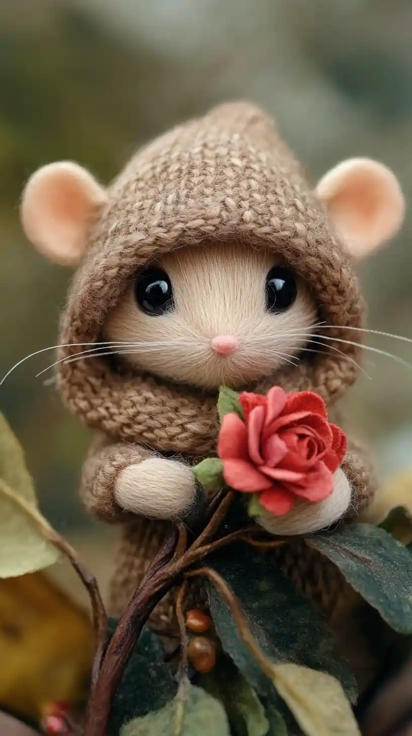 Shy wool mouse doll holding a single red rose