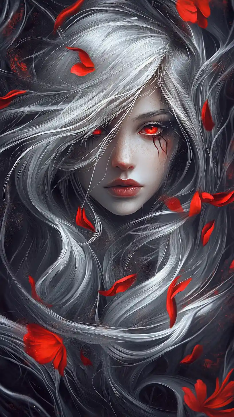 Silver haired woman surrounded by dark swirling energy