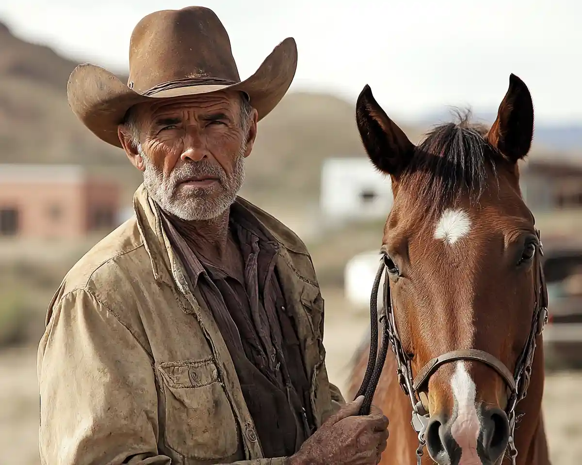 Cowboy With Brown Horse In Front Of Western Town