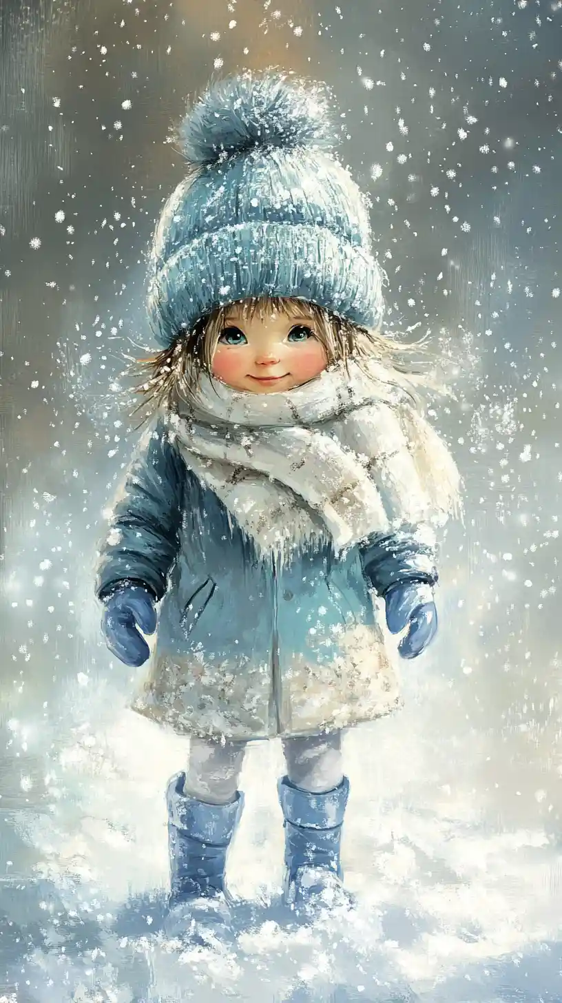 Little girl playing happily in the winter snow