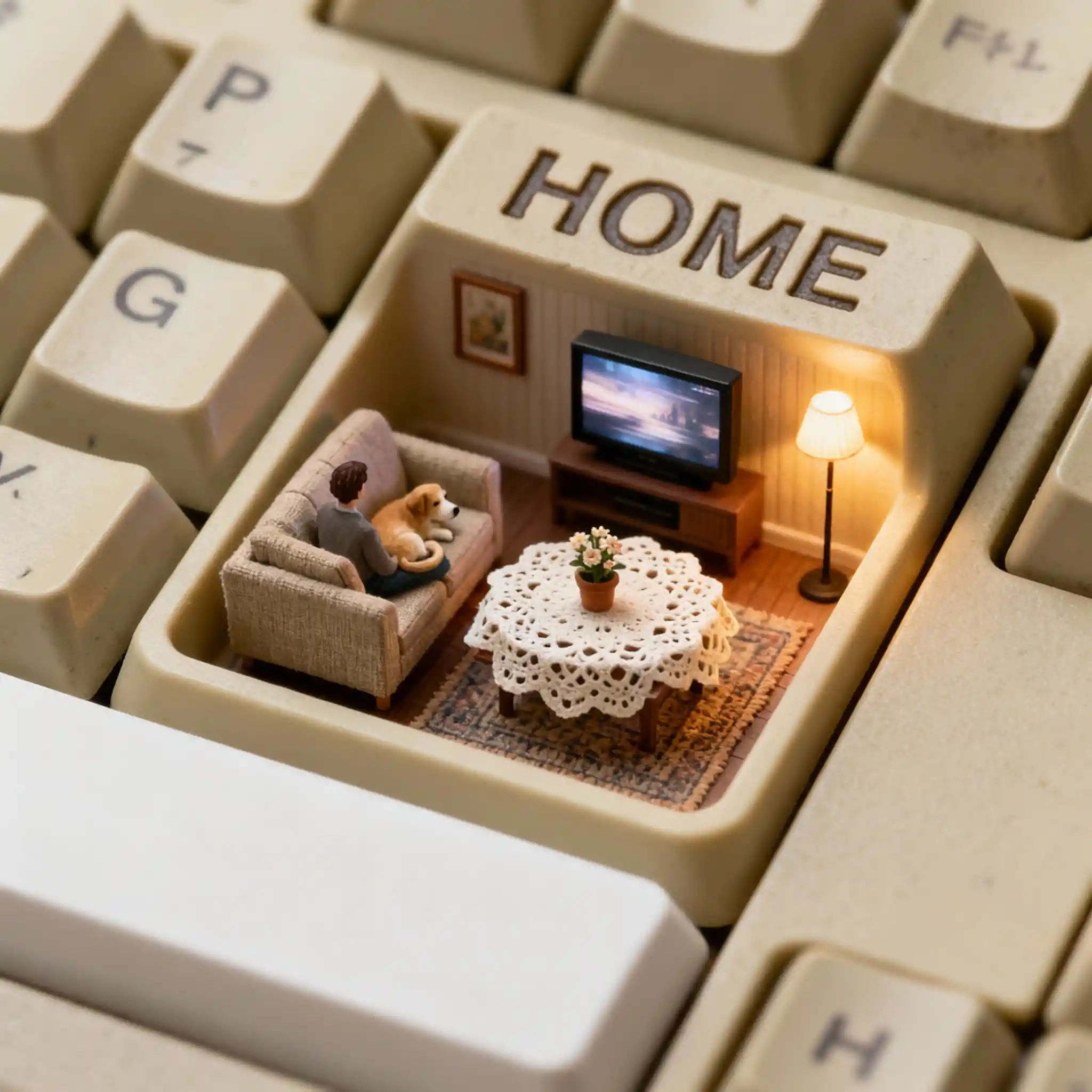 Cozy living room inside a vintage computer home key