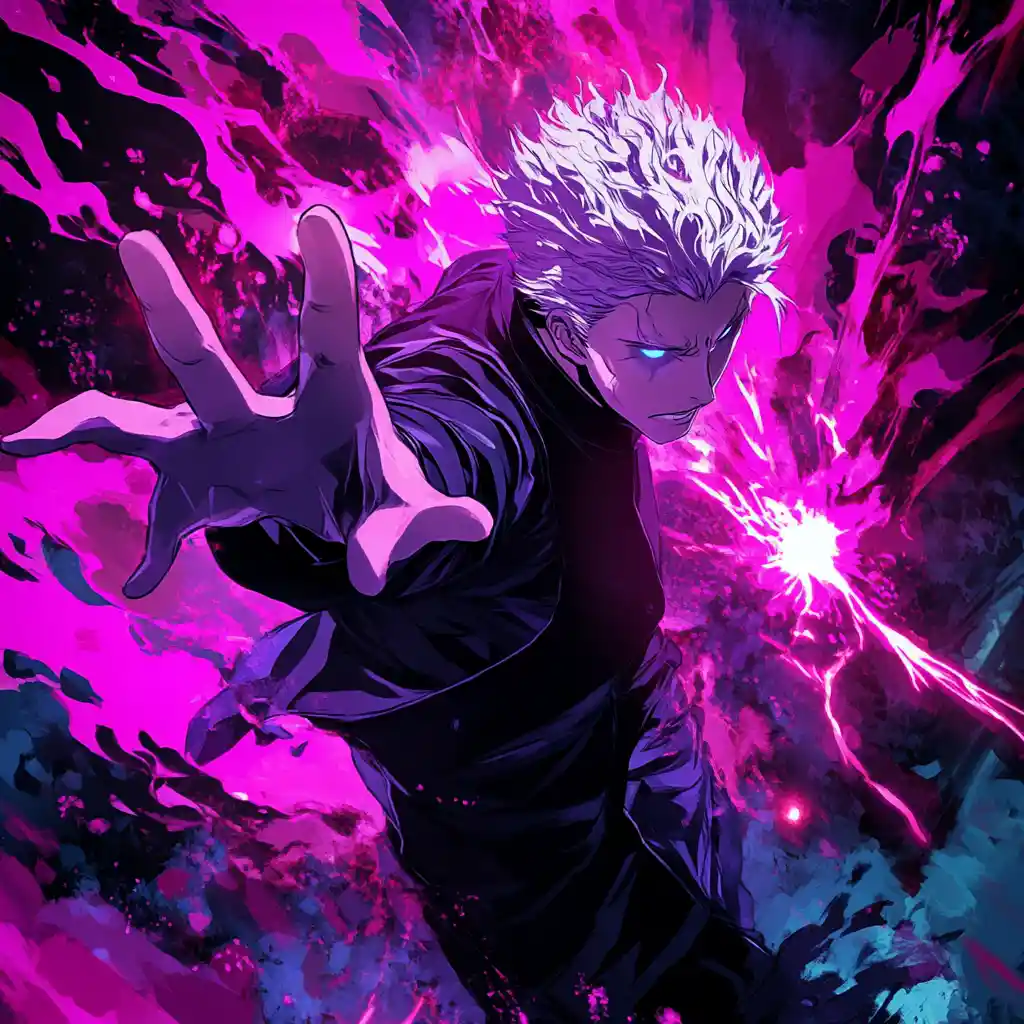 Anime sorcerer in black suit with glowing purple aura
