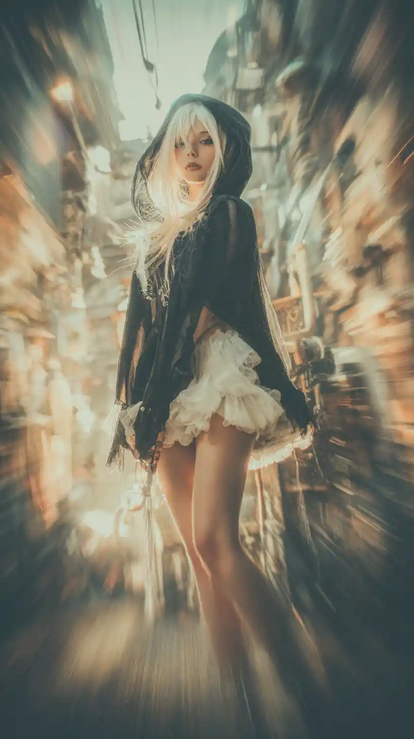 Anime girl with platinum hair playing yo yo in city