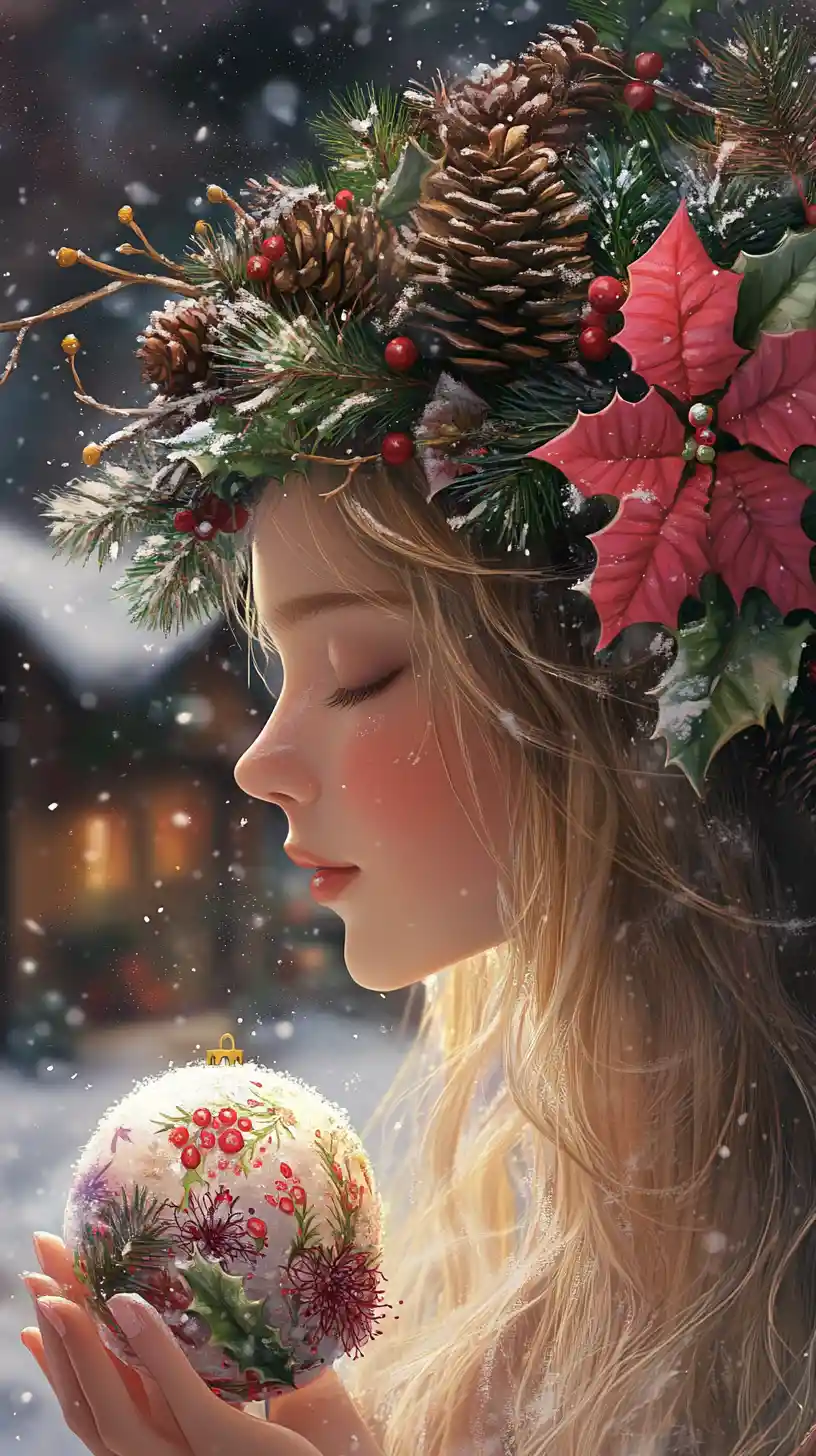 Serene winter girl holding a glowing Christmas ornament