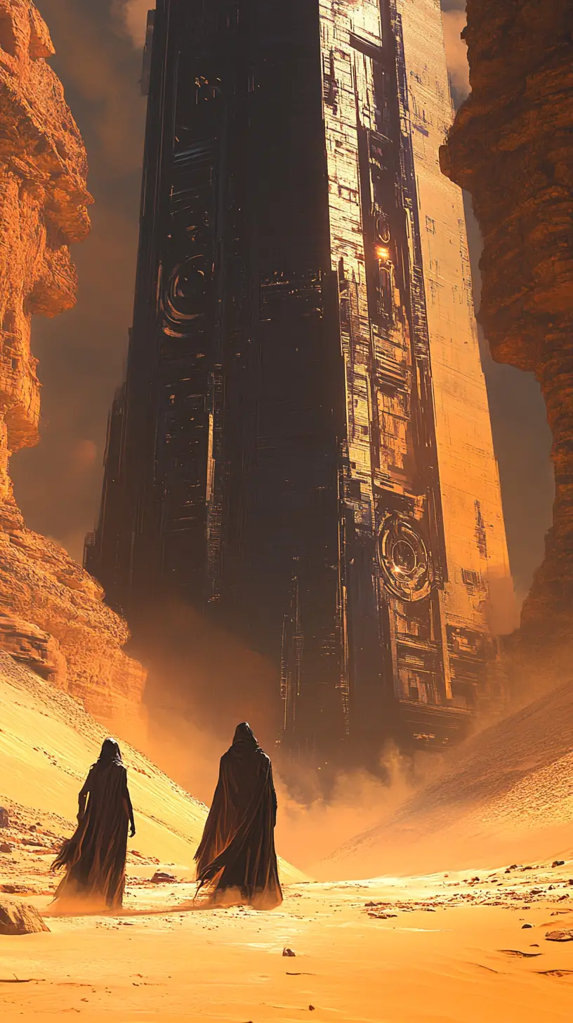 Two travelers crossing desert toward distant alien ruins