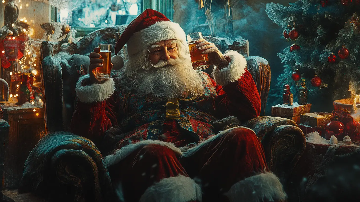 Ukrainian grandmother sharing vodka with Santa at home