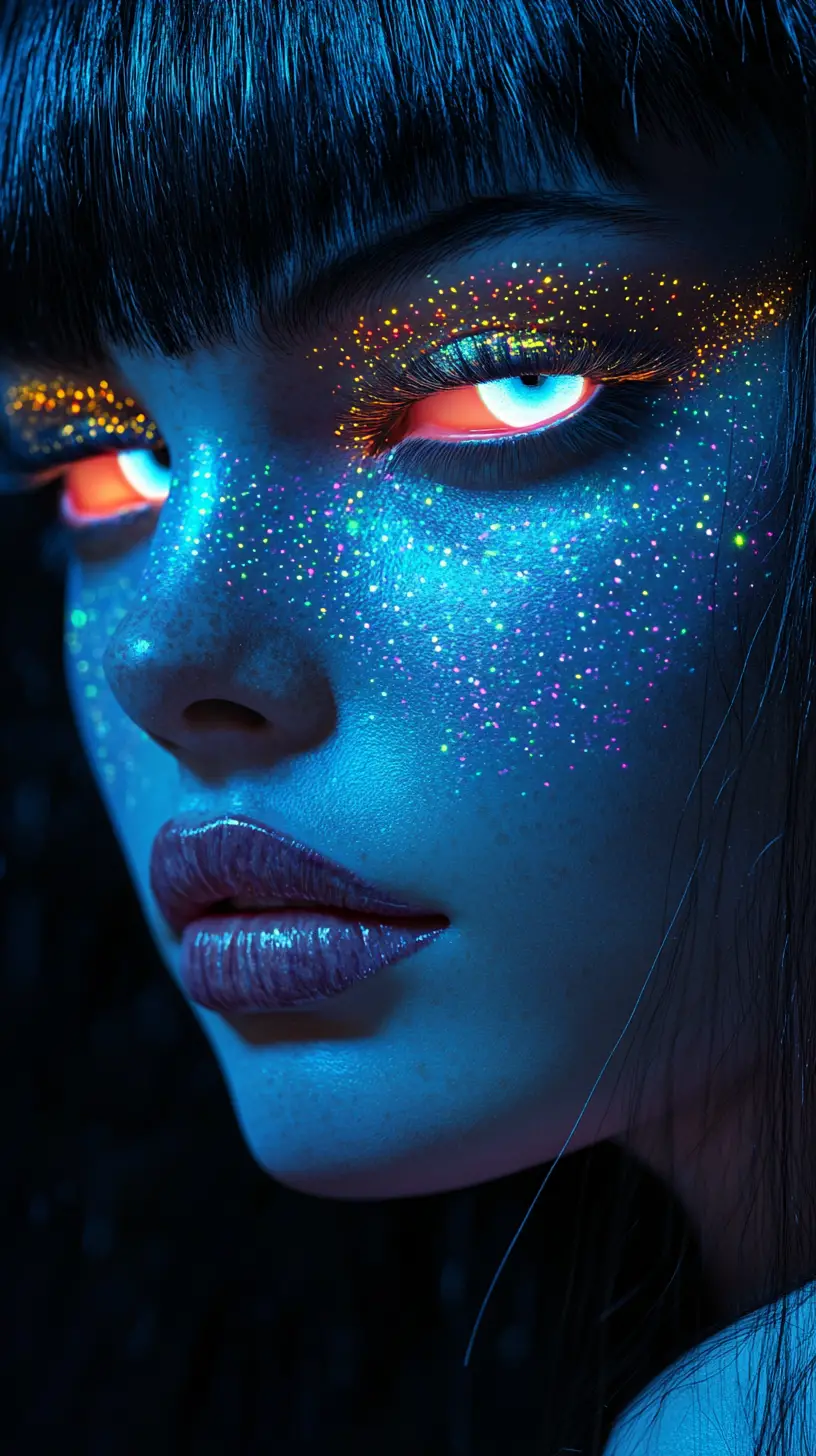 Glow in the dark beauty portrait with vivid dual colored eyes