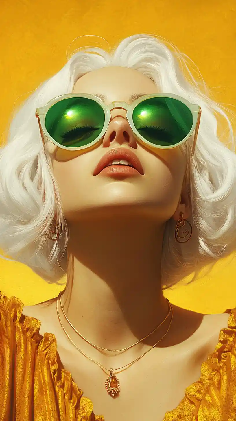 White haired girl in green sunglasses with serene expression