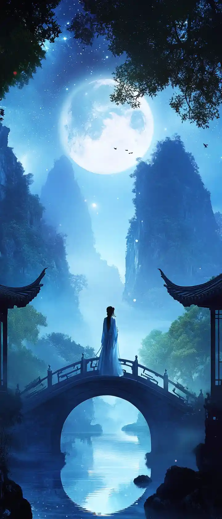 Young Chinese woman on moonlit bridge in mountains