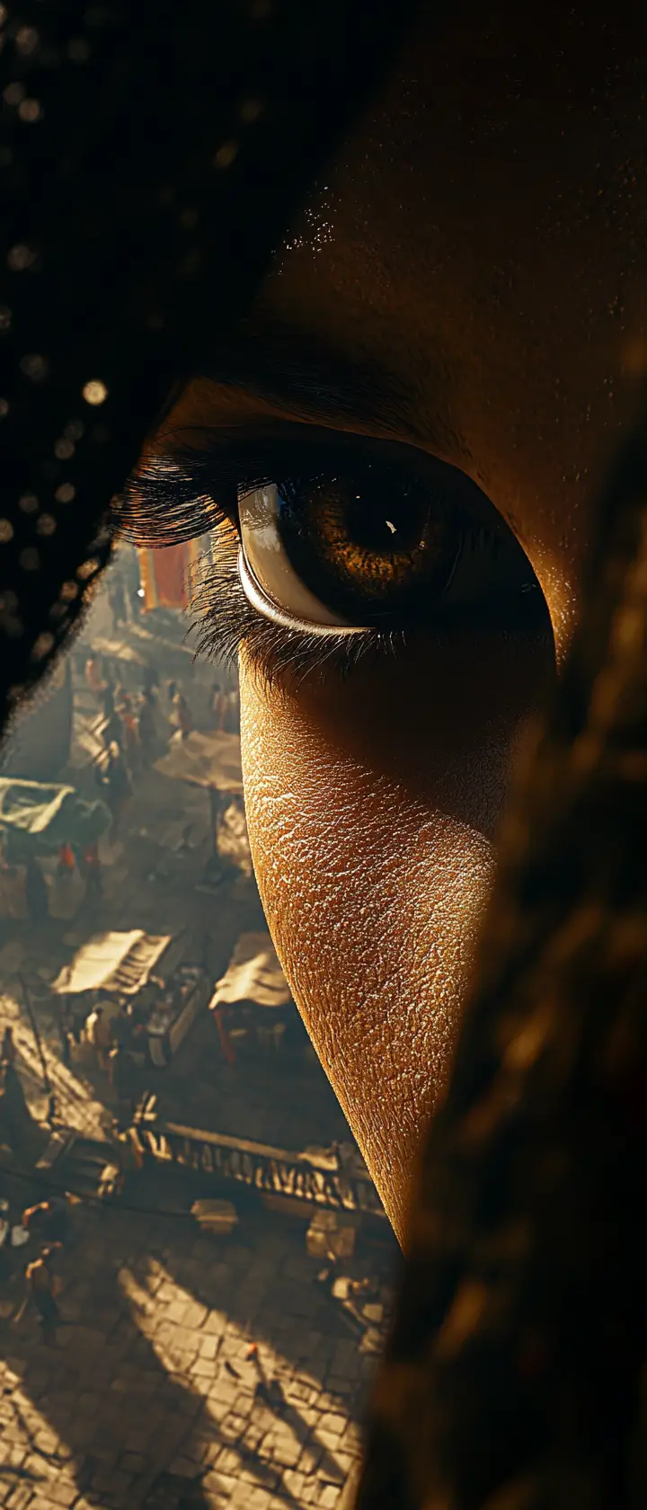 Assassin Watching A Market From A Shadowed Balcony