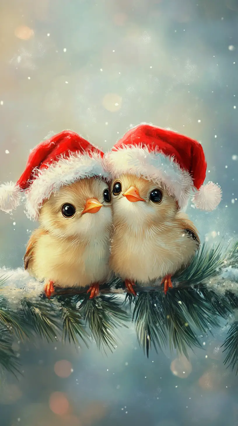 Cute baby birds in santa hats on snowy pine branch